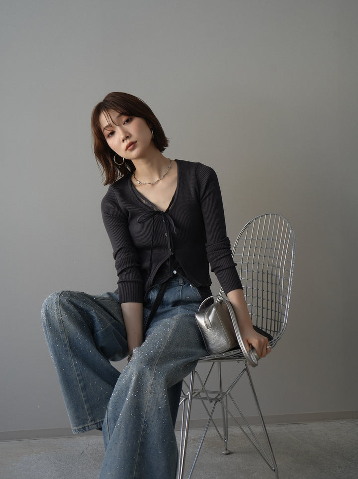 [SET]フロントリボン裾レースリブニットトップス+フロントビジューカーブデニムパンツ(2set)