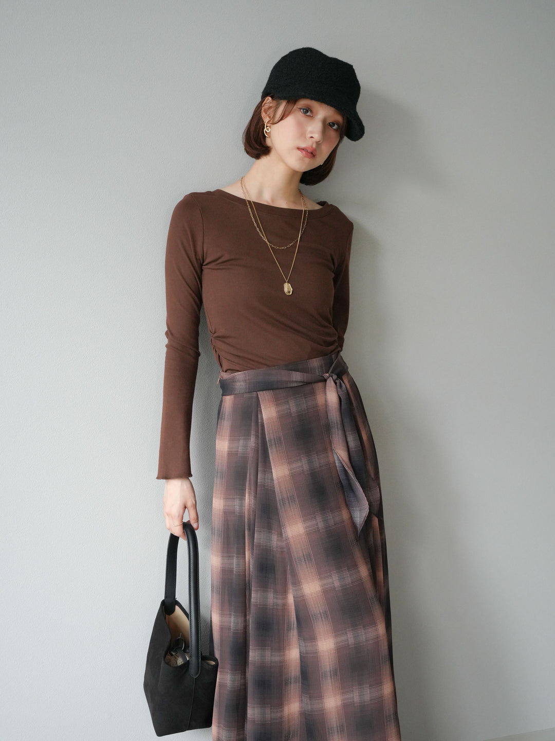 [予約]カットソー付シアーチェックフレアタックスカート/ブラウン