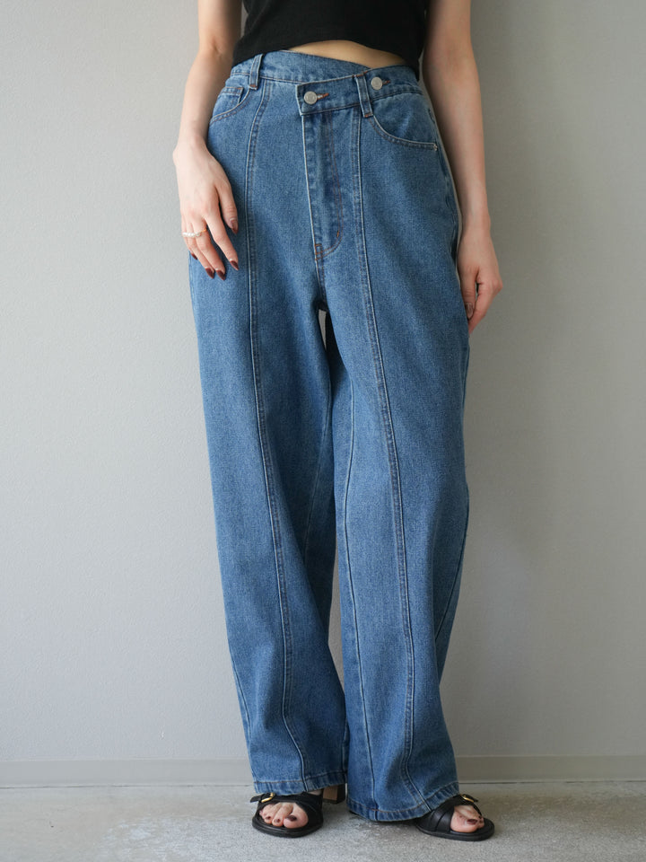 [予約]センターシームラップデザインストレートデニム/ブルー