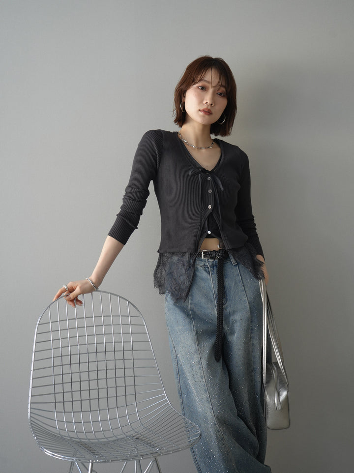 [予約]フロントリボン裾レースリブニットトップス/charcoal