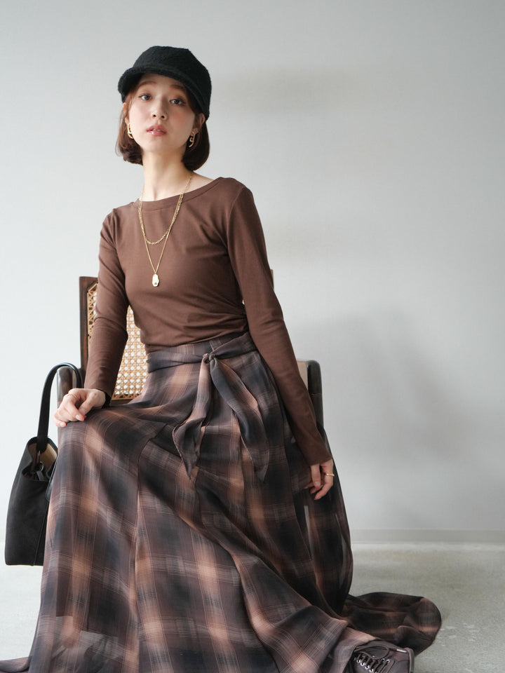 [予約]カットソー付シアーチェックフレアタックスカート/ブラウン