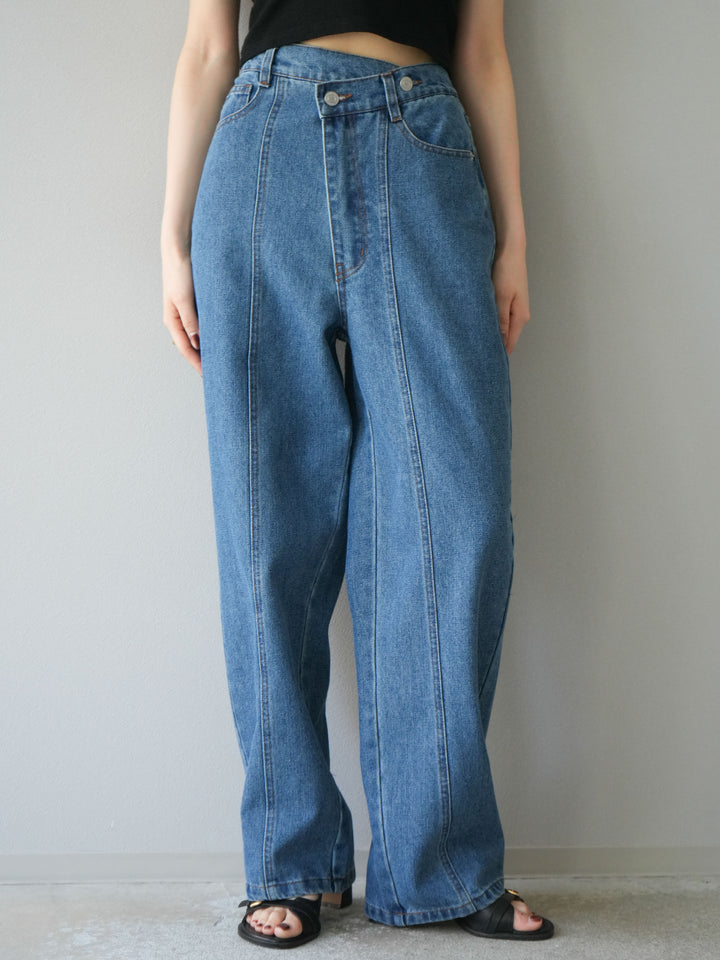 [予約]センターシームラップデザインストレートデニム/ブルー