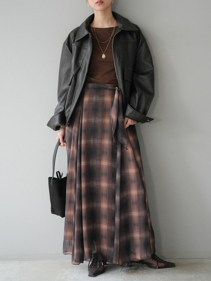 [予約]カットソー付シアーチェックフレアタックスカート/ブラウン