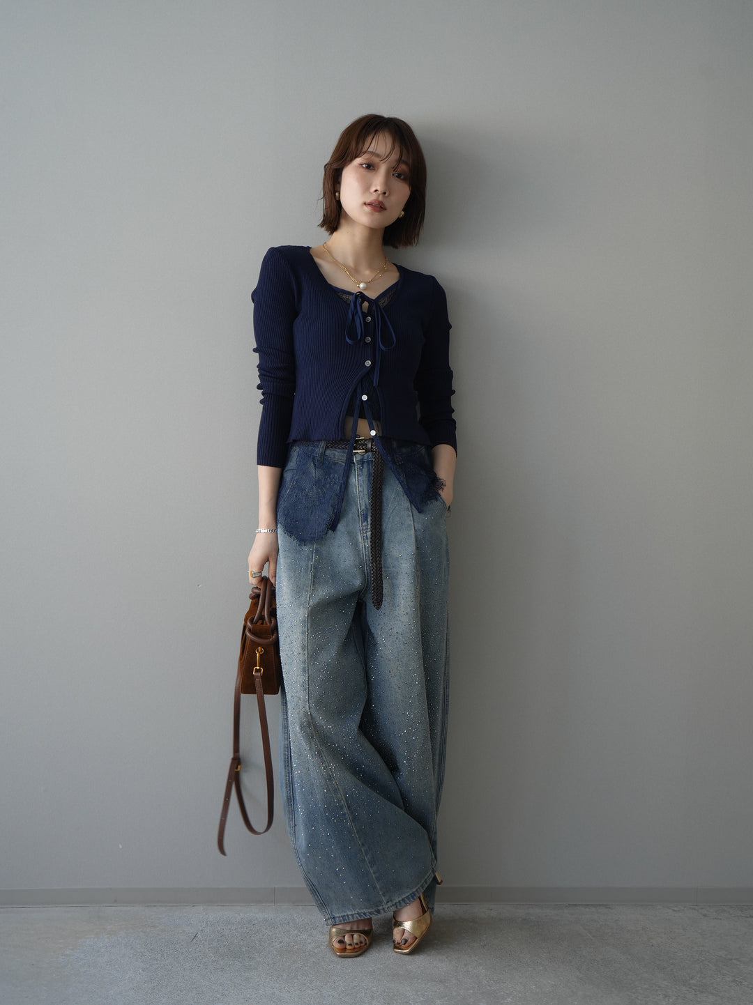 [予約]フロントリボン裾レースリブニットトップス/navy