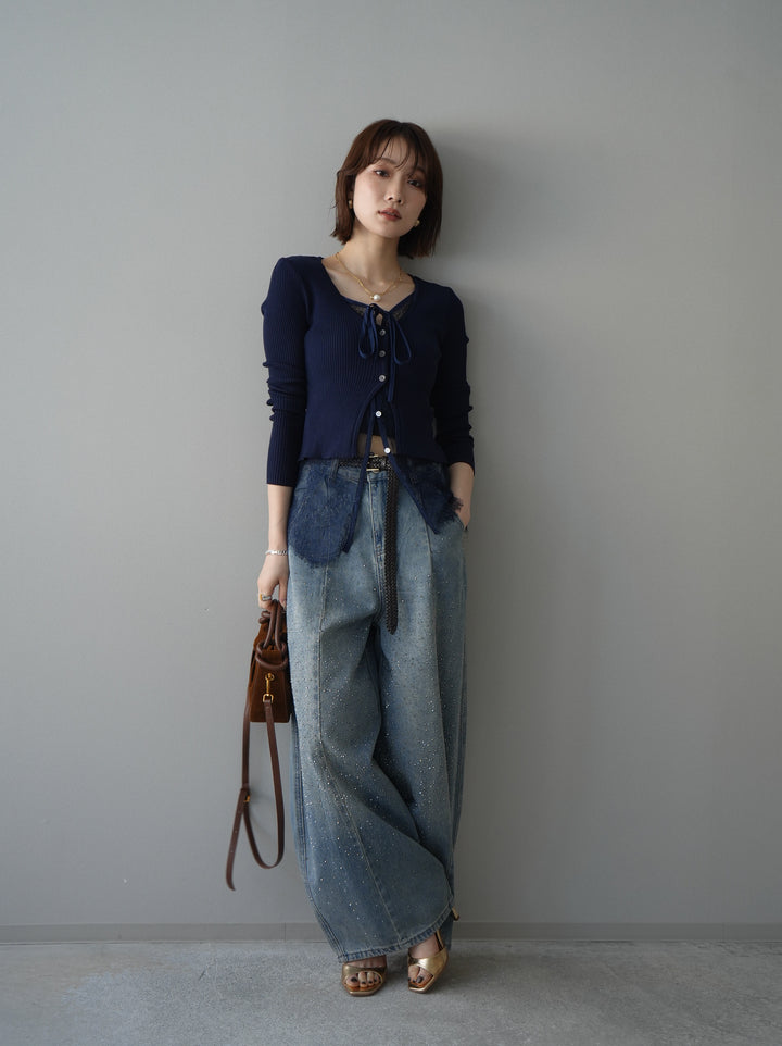 [予約]フロントリボン裾レースリブニットトップス/navy