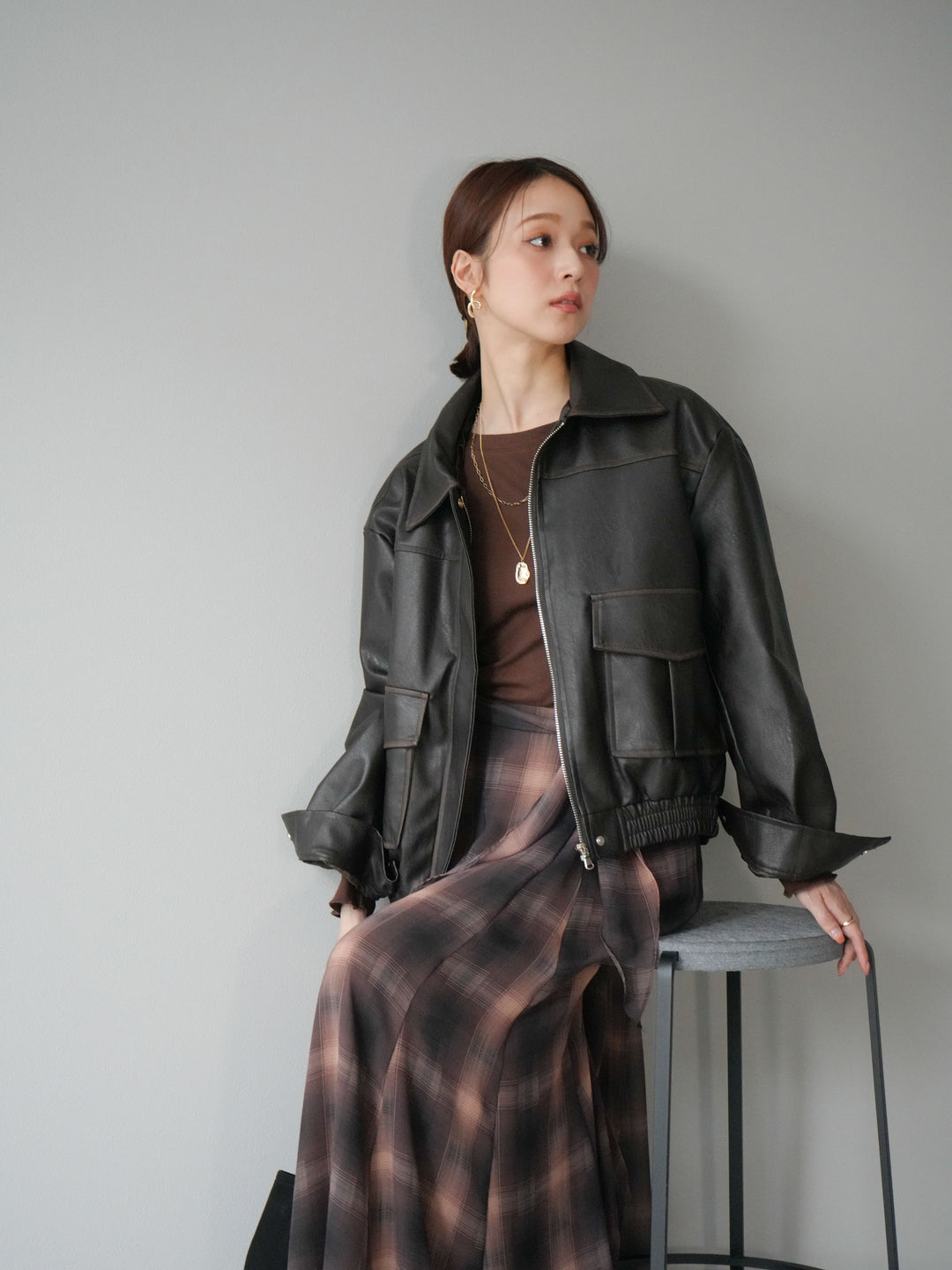 [予約]カットソー付シアーチェックフレアタックスカート/ブラウン
