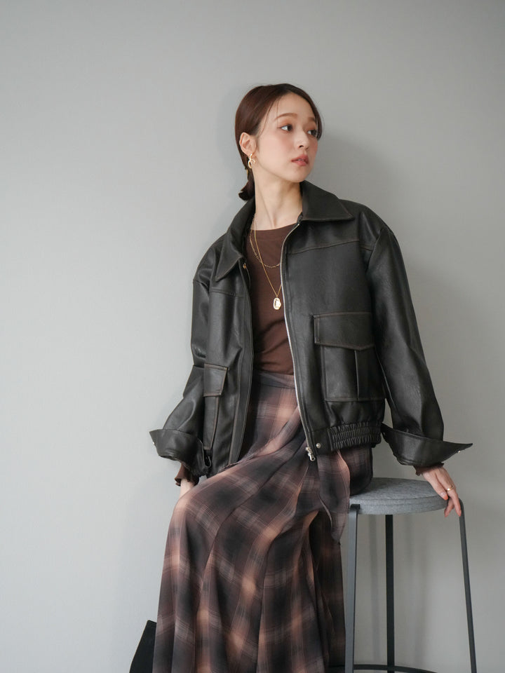 [予約]カットソー付シアーチェックフレアタックスカート/ブラウン
