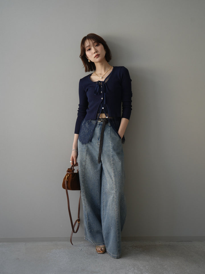 [SET]フロントリボン裾レースリブニットトップス+フロントビジューカーブデニムパンツ(2set)