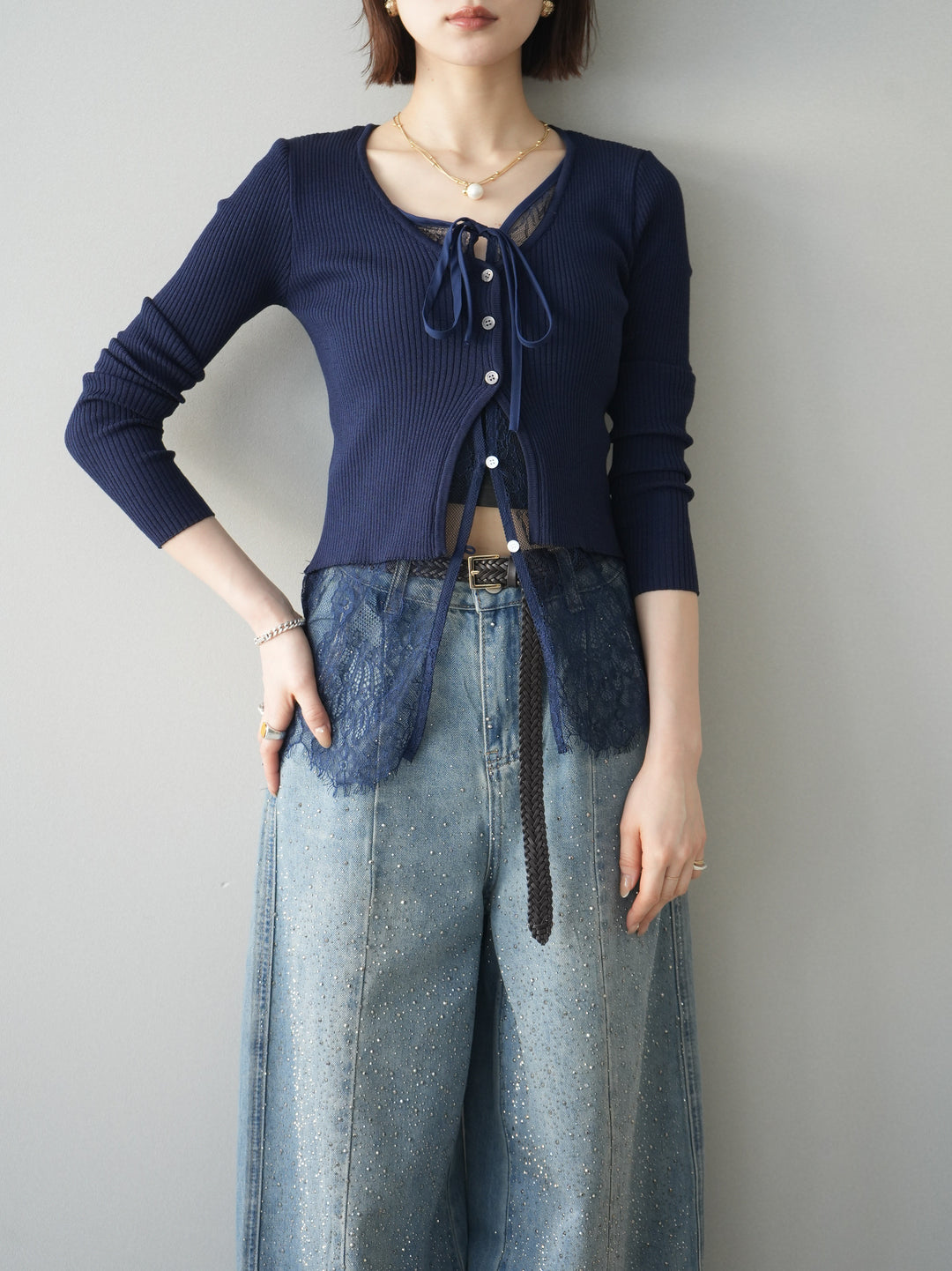 [予約]フロントリボン裾レースリブニットトップス/navy
