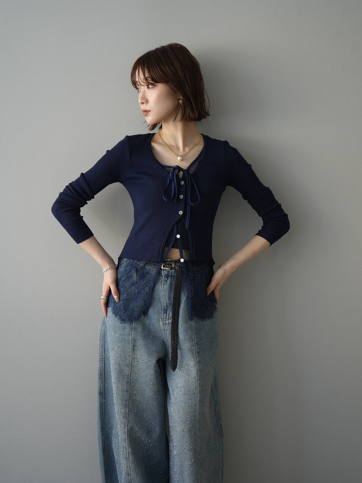 [予約]フロントリボン裾レースリブニットトップス/navy
