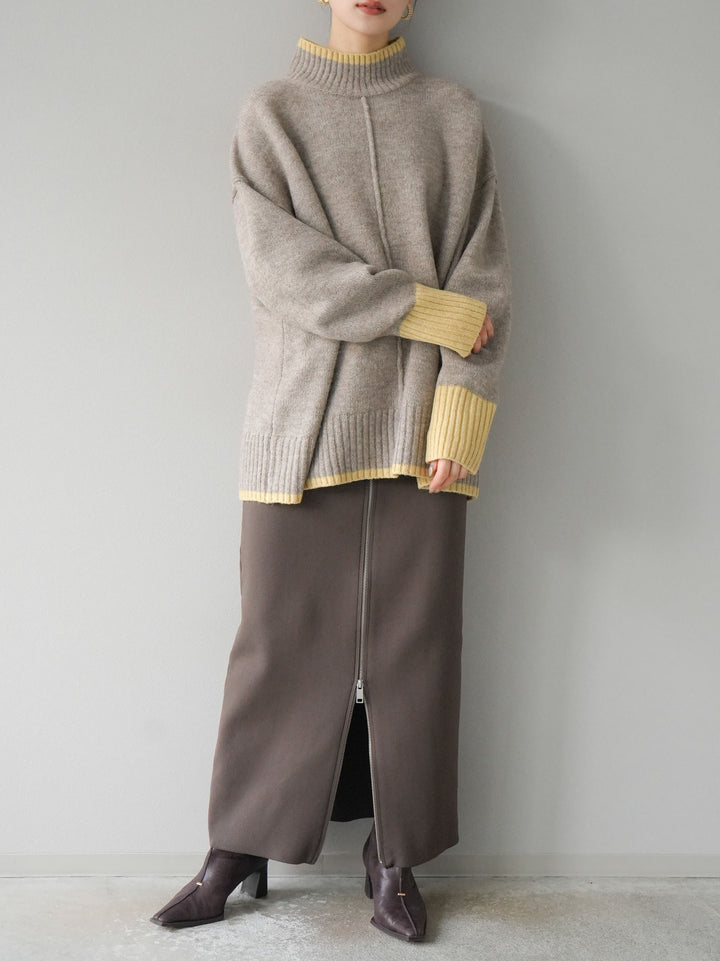 [予約]配色ハイネックニットプルオーバー/グレージュ