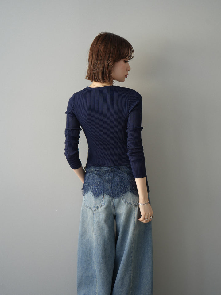 [予約]フロントリボン裾レースリブニットトップス/navy