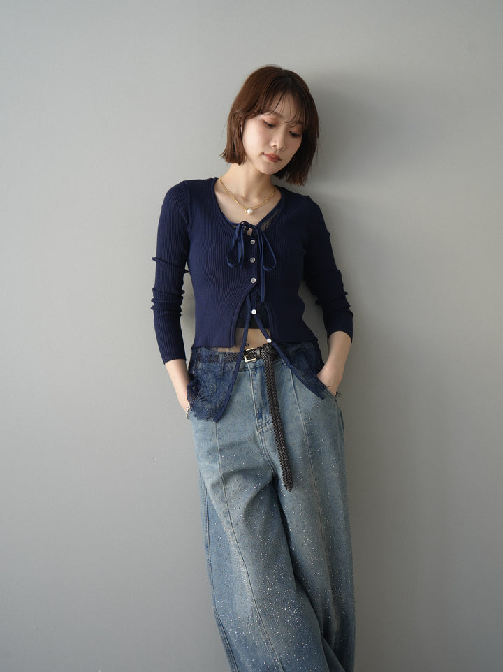 [予約]フロントリボン裾レースリブニットトップス/navy