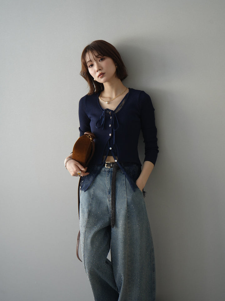 [予約]フロントリボン裾レースリブニットトップス/navy