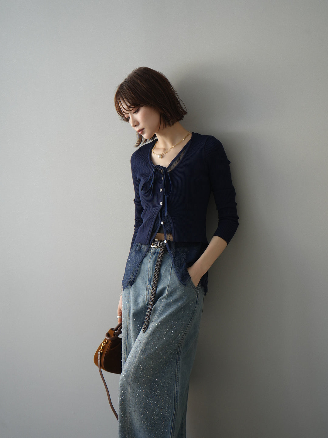 [予約]フロントリボン裾レースリブニットトップス/navy