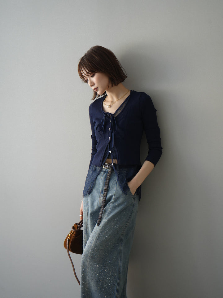 [予約]フロントリボン裾レースリブニットトップス/navy