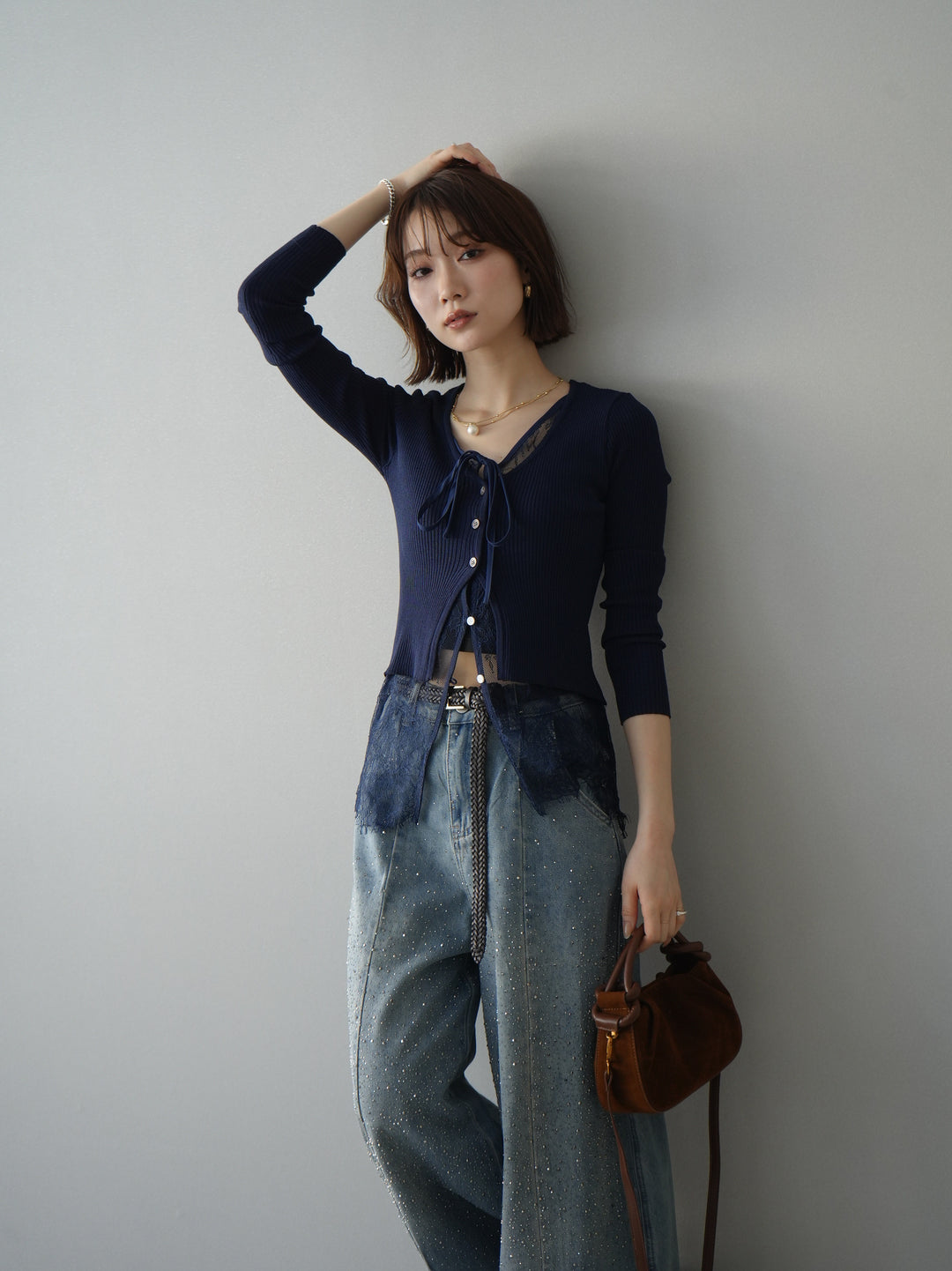 [予約]フロントリボン裾レースリブニットトップス/navy