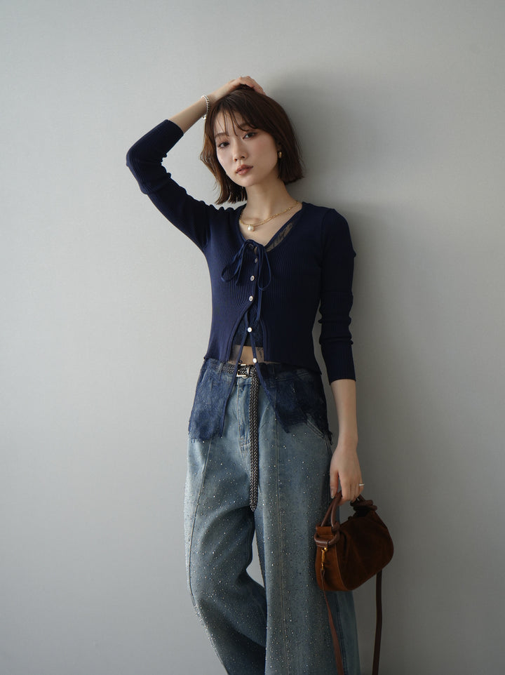 [予約]フロントリボン裾レースリブニットトップス/navy