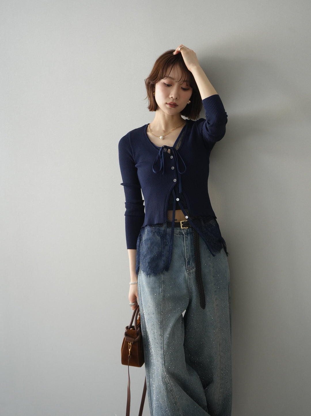 [予約]フロントリボン裾レースリブニットトップス/navy