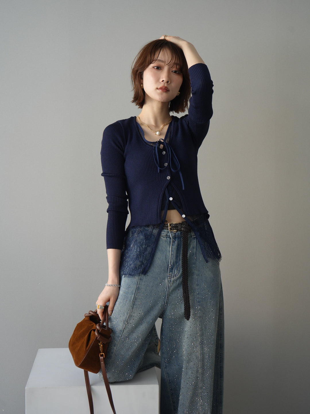 [予約]フロントリボン裾レースリブニットトップス/navy
