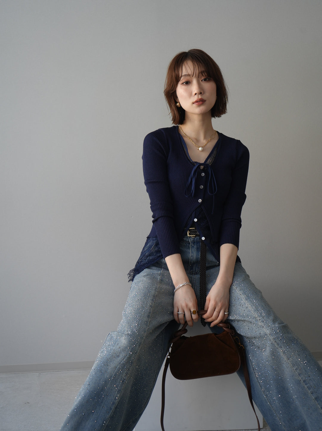 [予約]フロントリボン裾レースリブニットトップス/navy