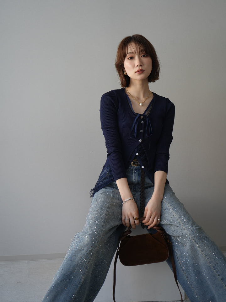 [予約]フロントリボン裾レースリブニットトップス/navy