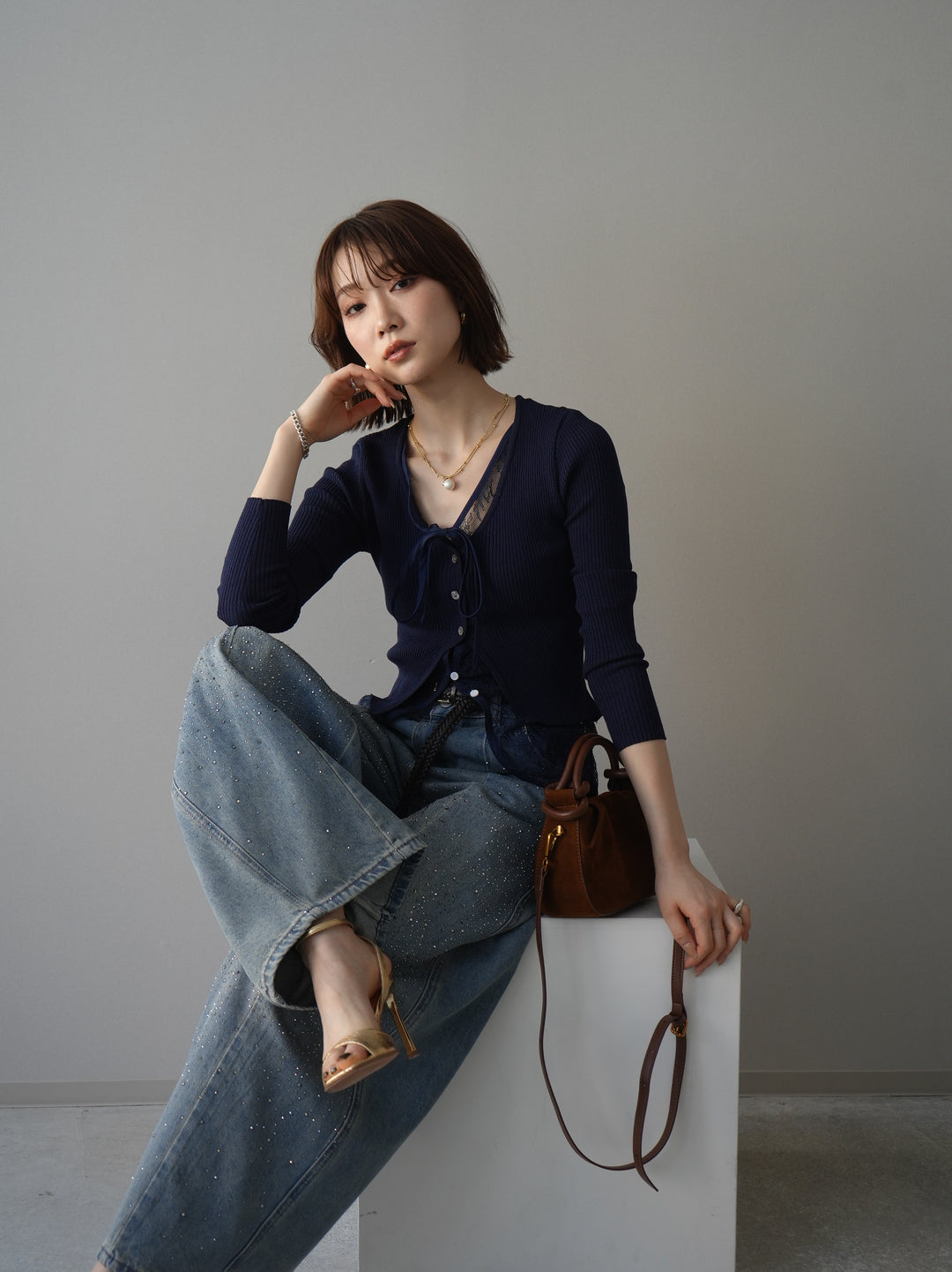 [予約]フロントリボン裾レースリブニットトップス/navy