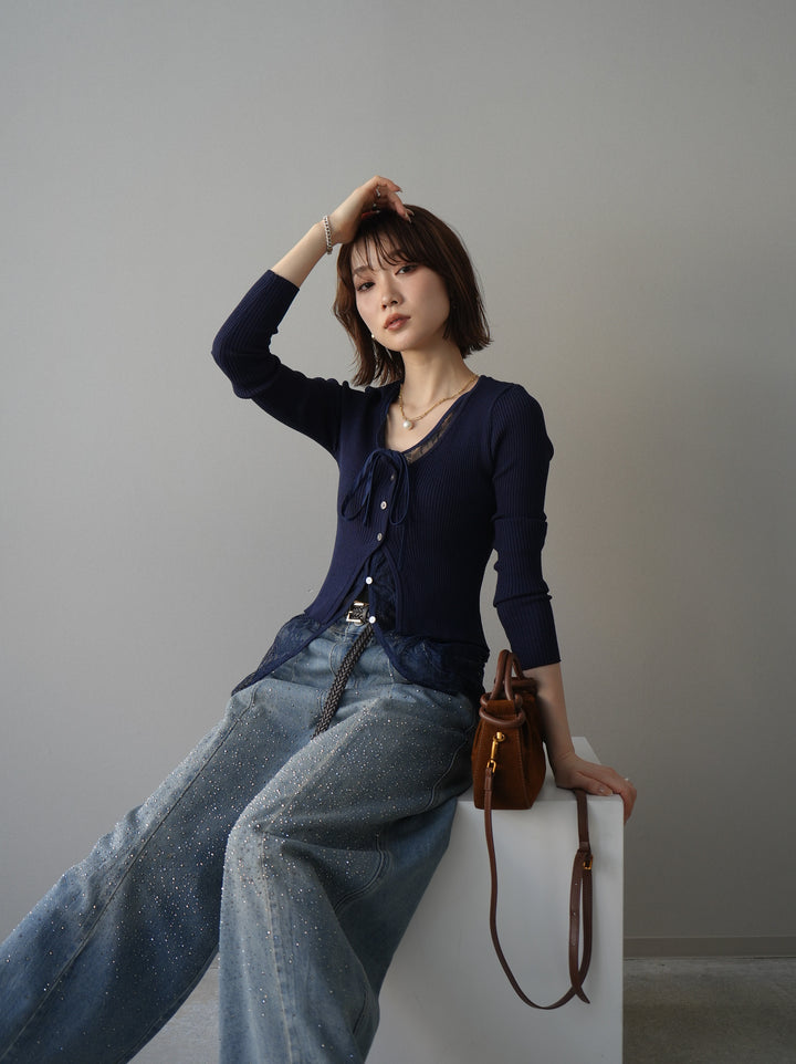 [予約]フロントリボン裾レースリブニットトップス/navy