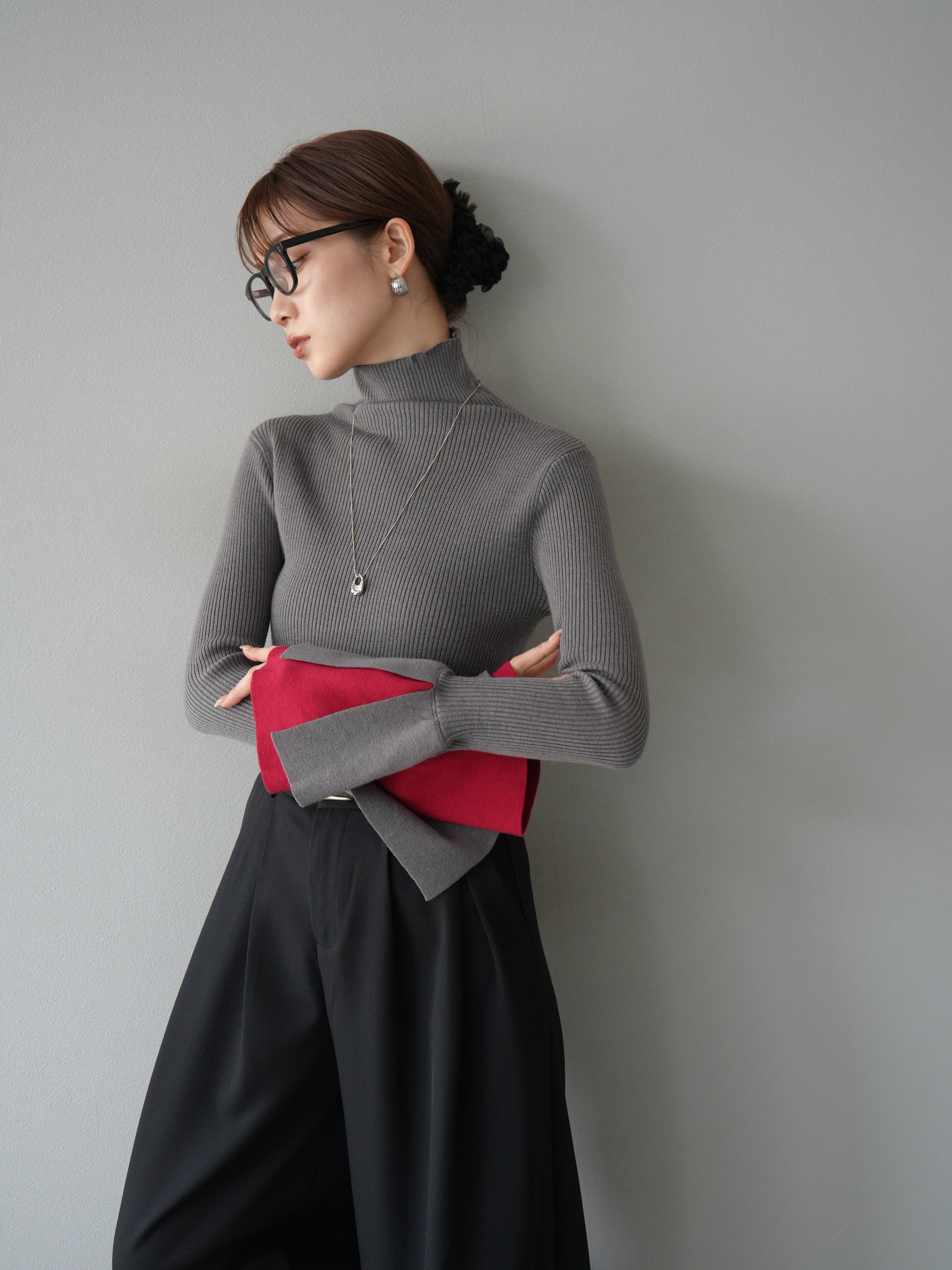 SET]レイヤードフレアスリーブハイネックニットトップス+レイヤード