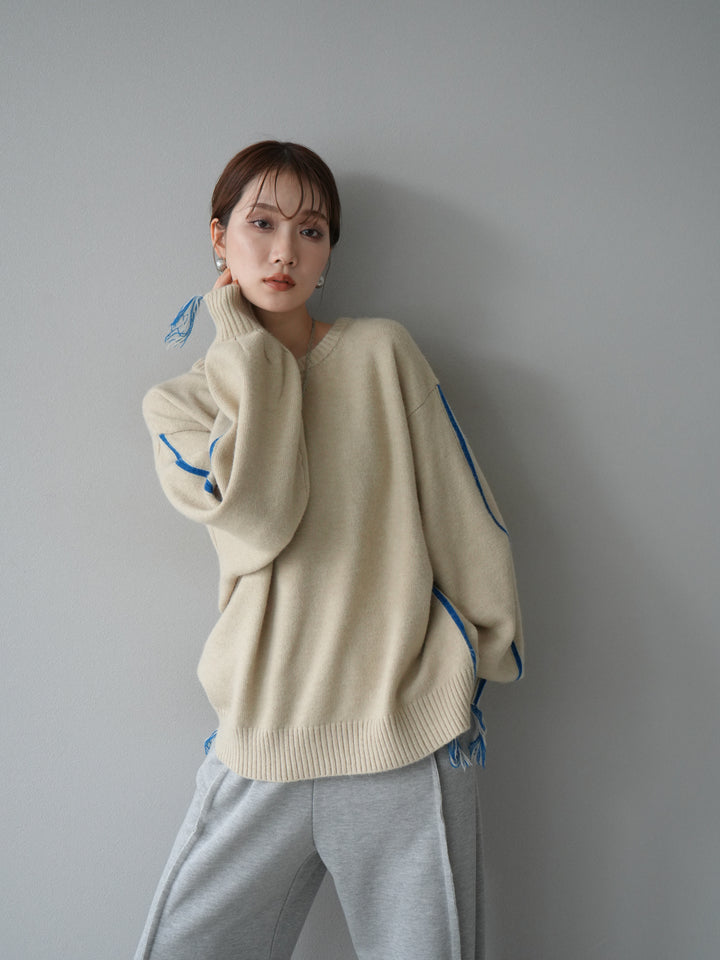 [SET]配色ステッチフリンジニットプルオーバー +選べるアクセセット(2set)