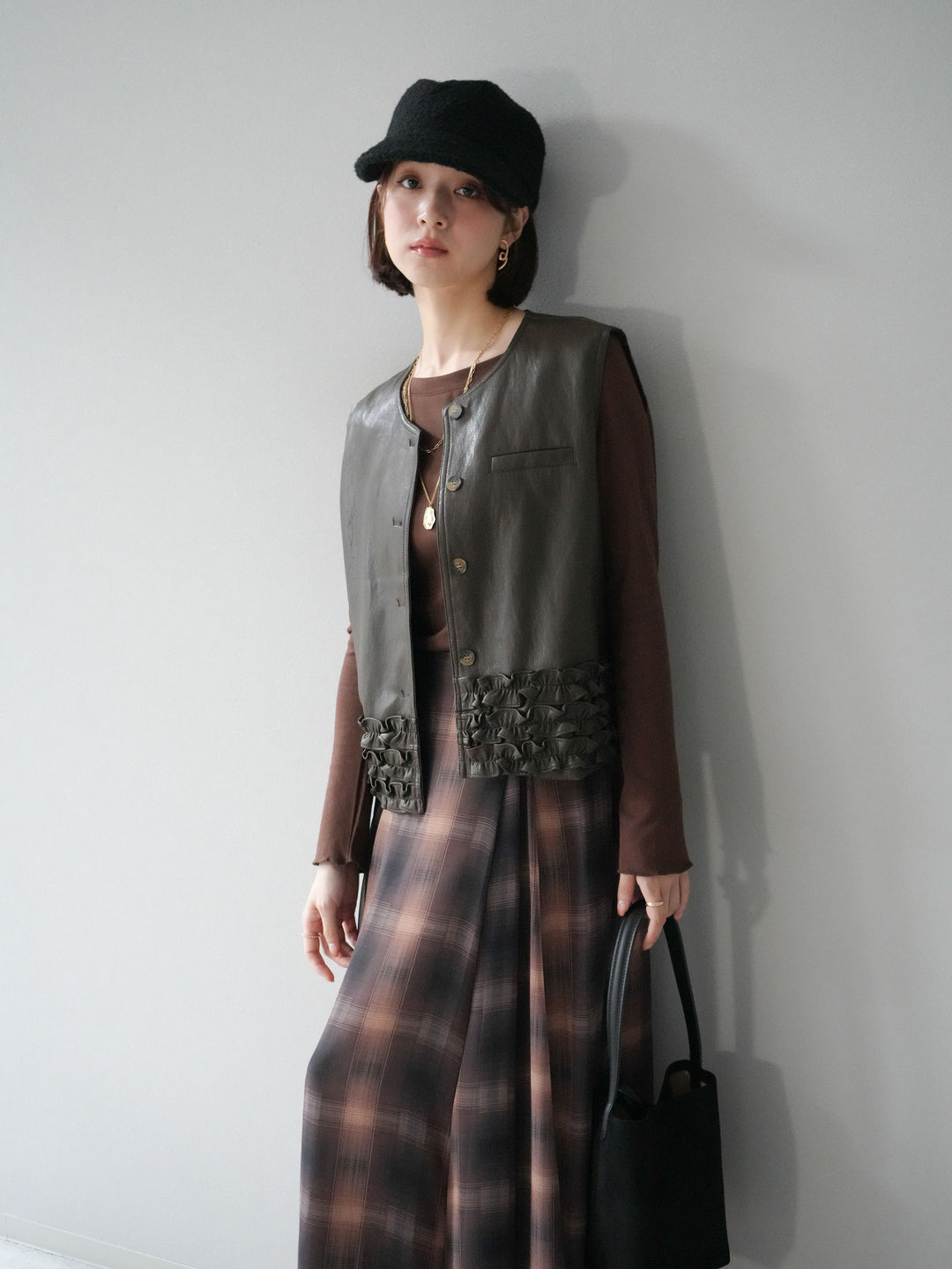 [予約]カットソー付シアーチェックフレアタックスカート/ブラウン