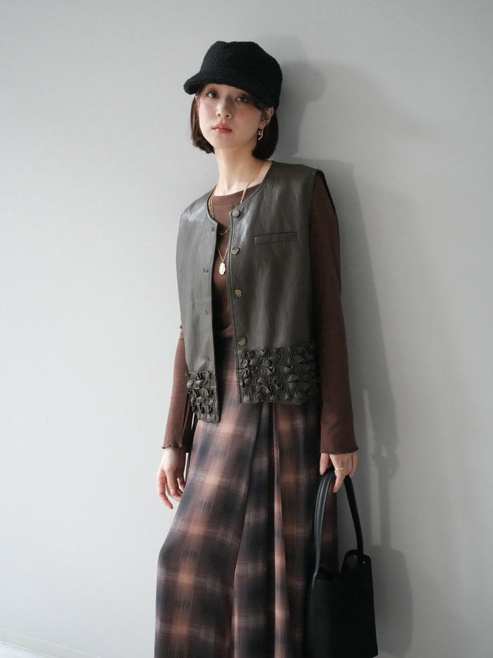 [予約]カットソー付シアーチェックフレアタックスカート/ブラウン