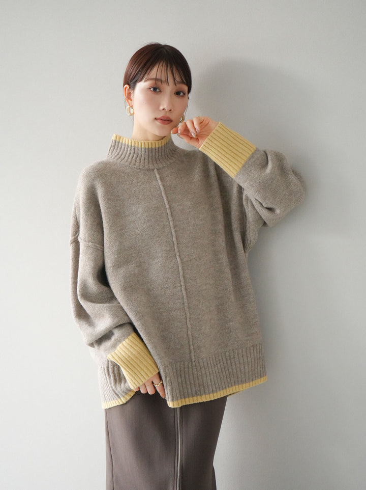 [予約]配色ハイネックニットプルオーバー/グレージュ