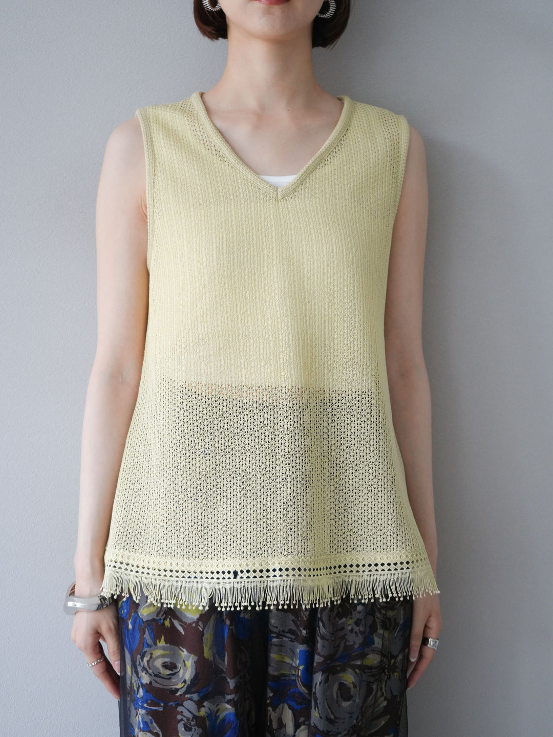 [予約]裾フリンジVネックニットタンクトップアンサンブル/イエロー