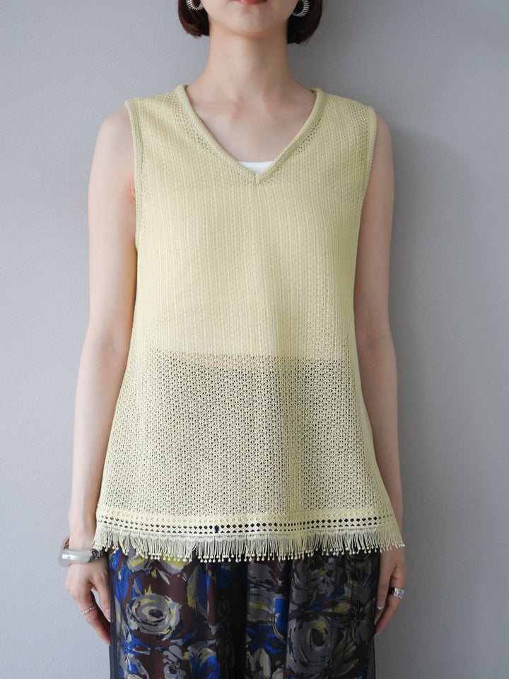 [予約]裾フリンジVネックニットタンクトップアンサンブル/イエロー