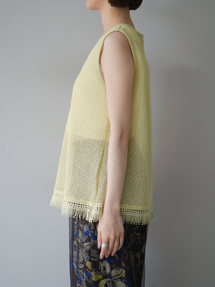 [予約]裾フリンジVネックニットタンクトップアンサンブル/イエロー