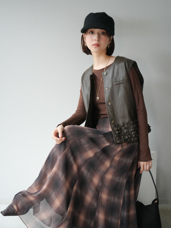 [予約]カットソー付シアーチェックフレアタックスカート/ブラウン