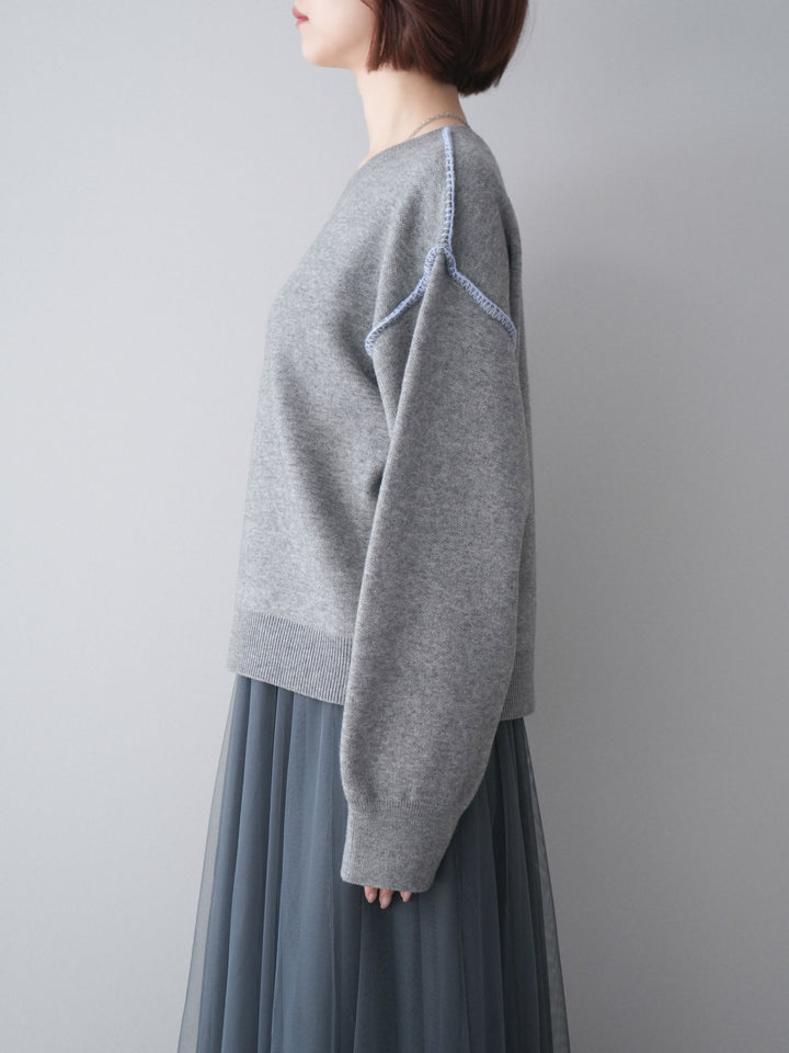 [予約]バックロゴ刺繍配色ステッチニットプルオーバー/gray