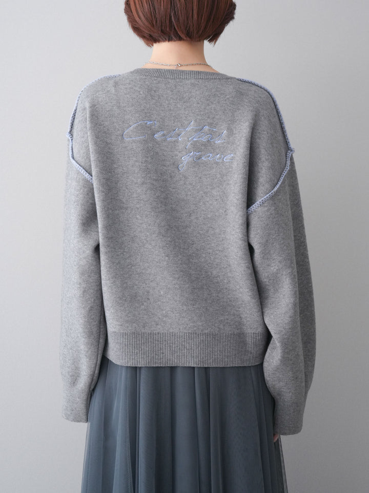 [予約]バックロゴ刺繍配色ステッチニットプルオーバー/gray