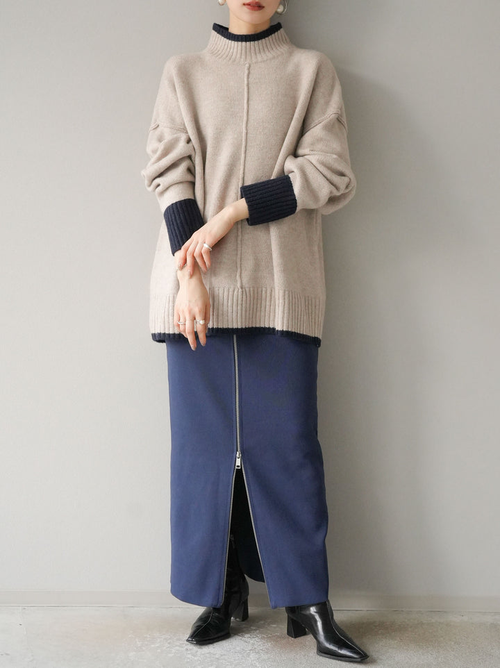 [予約]配色ハイネックニットプルオーバー/ベージュ