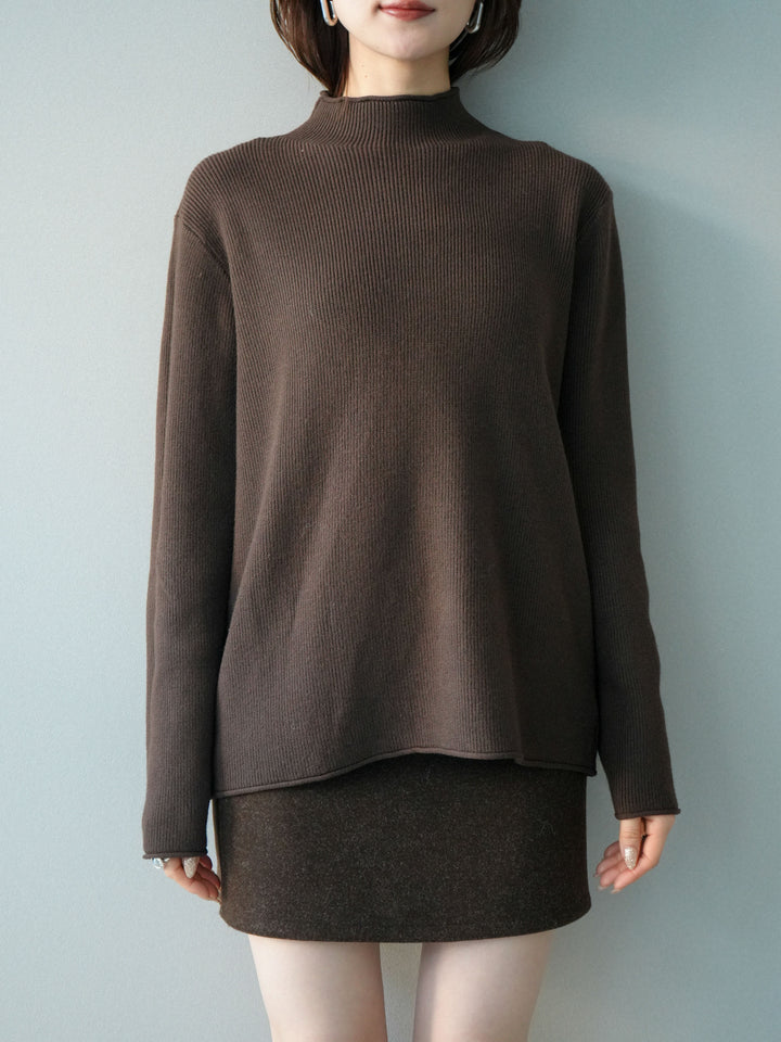 [予約]ボトルネック裾カールリブニットトップス/brown