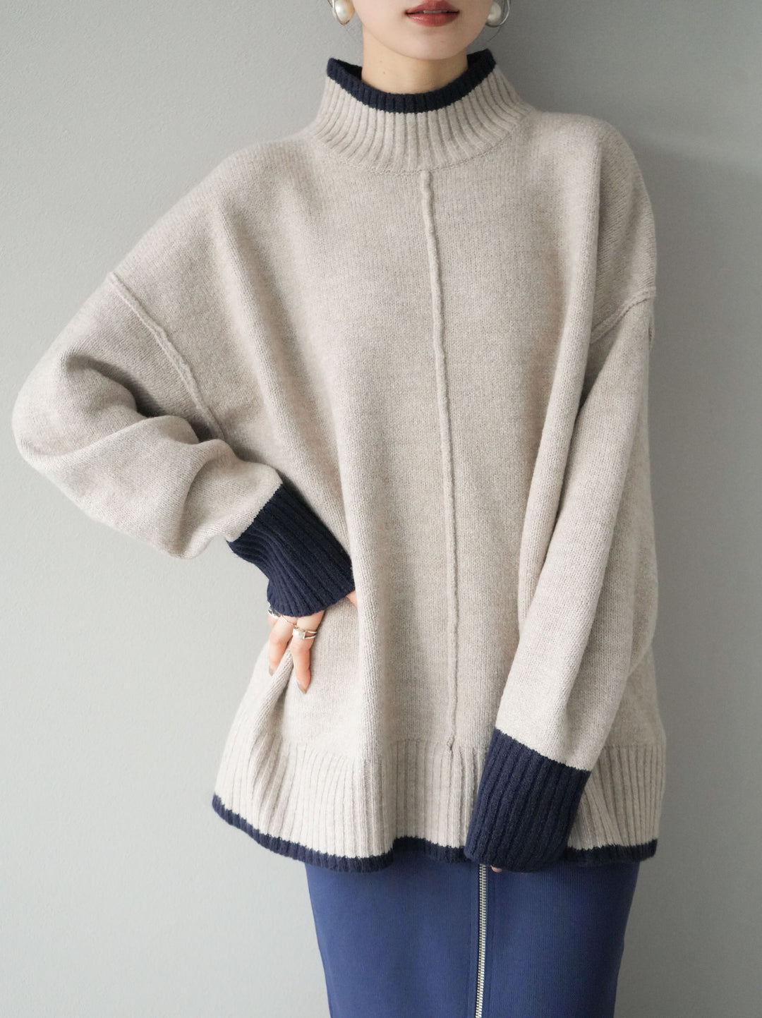 [予約]配色ハイネックニットプルオーバー/ベージュ