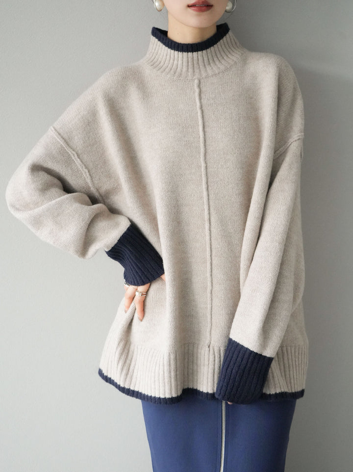 [予約]配色ハイネックニットプルオーバー/ベージュ