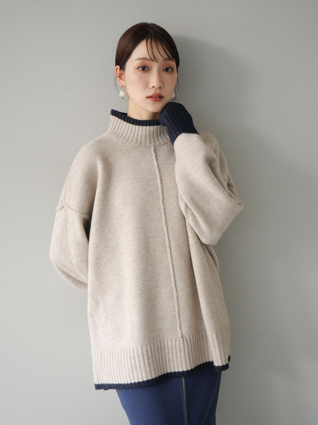 [予約]配色ハイネックニットプルオーバー/ベージュ