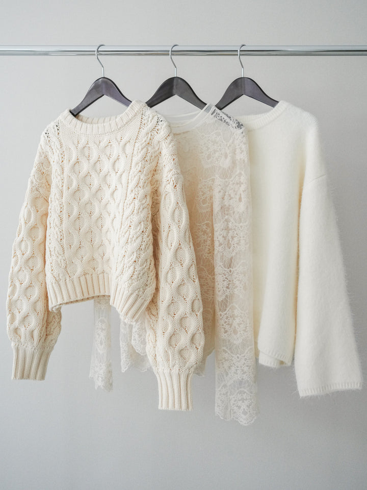 【着回しセット】[SET]バルキーケーブルクロップドニットプルオーバー+アンゴラタッチクルーネックニットプルオーバー+チュールレーストップス(3set)