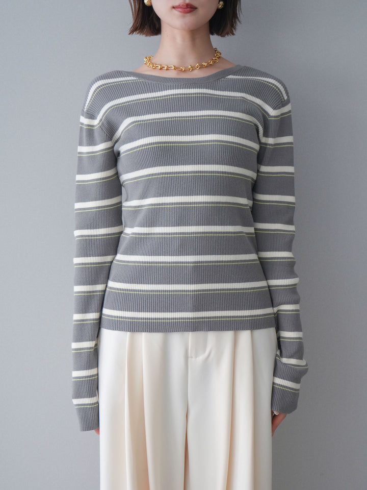 [予約]バックオープンテレコリブマルチボーダートップス/gray