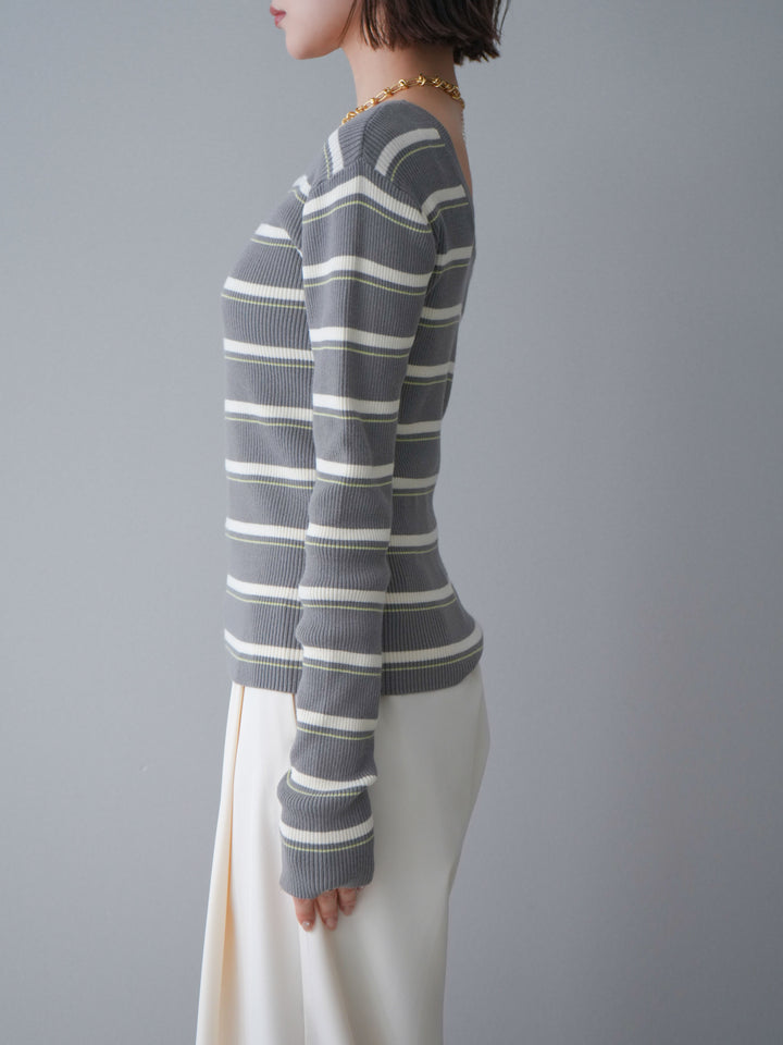 [予約]バックオープンテレコリブマルチボーダートップス/gray