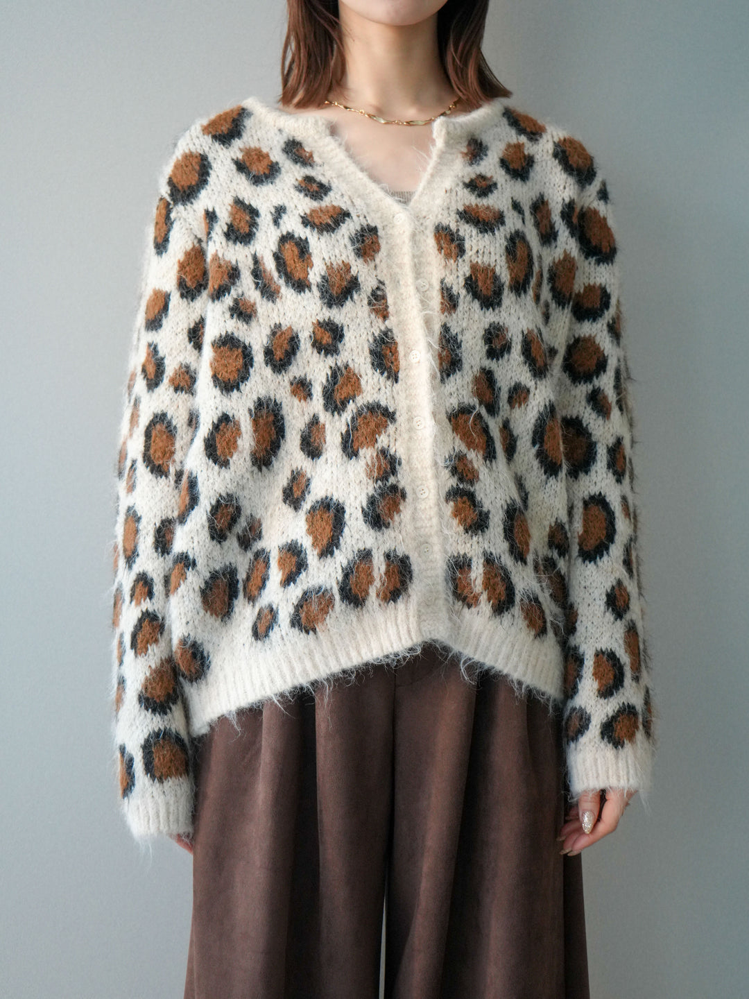 [予約]モヘアタッチレオパード柄ニットカーディガン/apricot