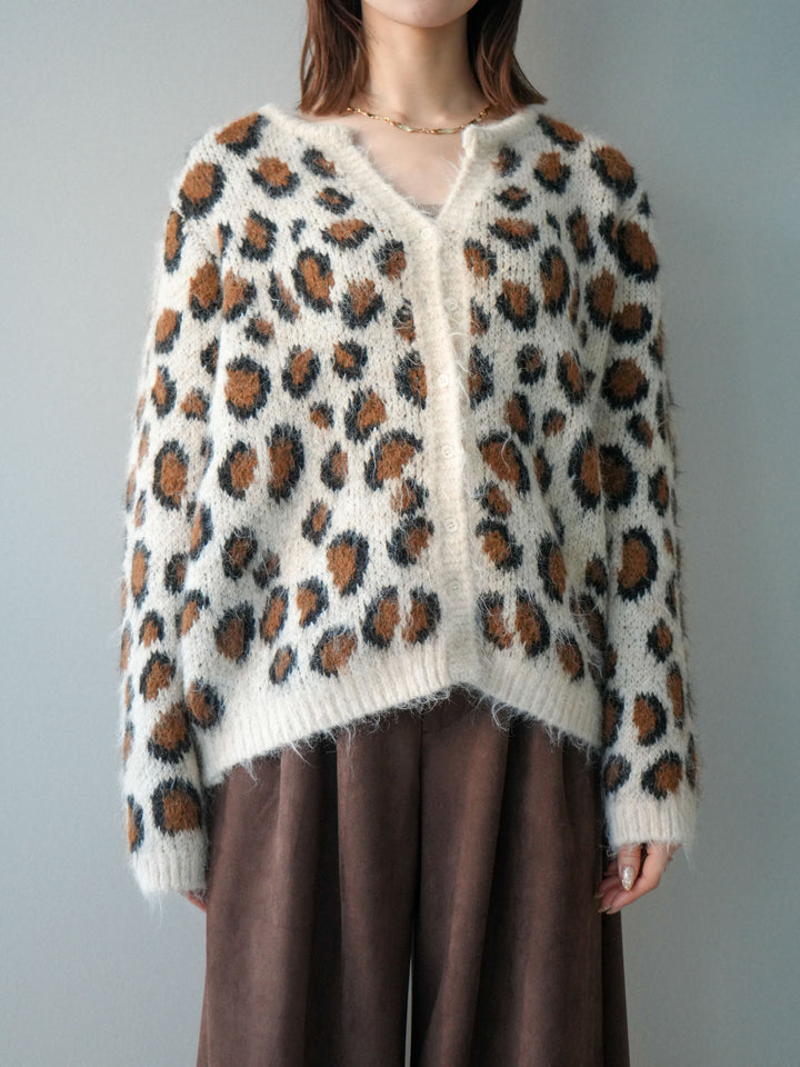 [予約]モヘアタッチレオパード柄ニットカーディガン/apricot