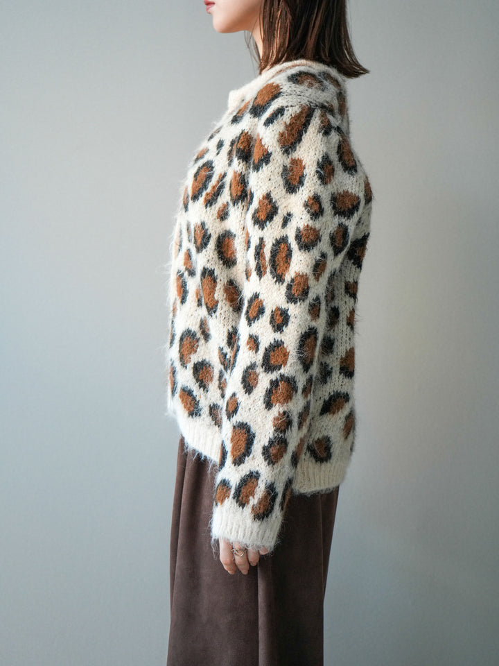 [予約]モヘアタッチレオパード柄ニットカーディガン/apricot